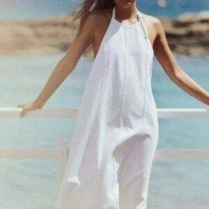 Zara White Denim Midi dress, open back, Holter Adjustable Neck